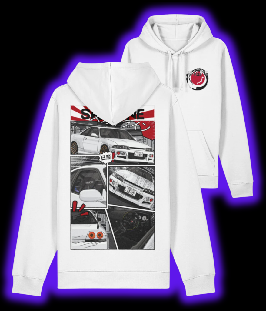 R33 Skyline Manga Style Hoodie - White