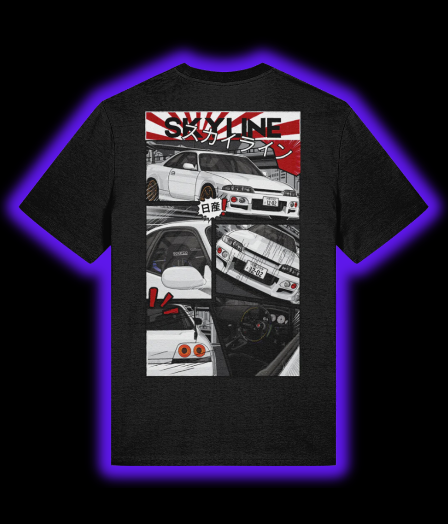 R33 Skyline Manga Style T-shirt - Black