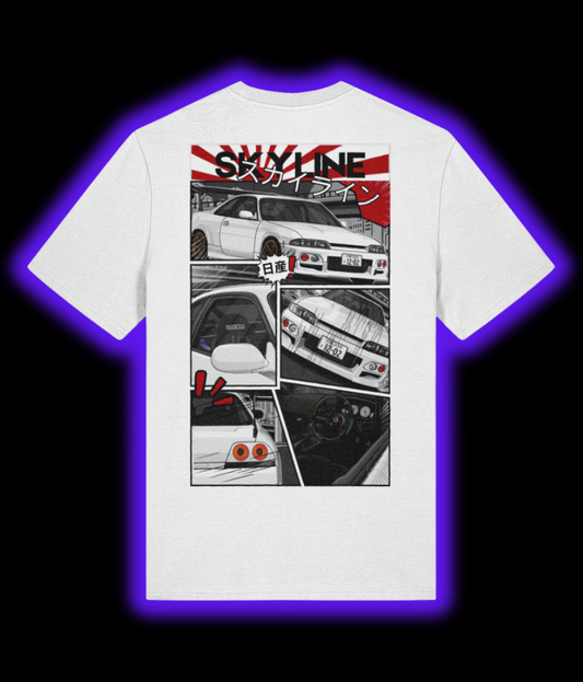 R33 Skyline Manga Style T-shirt - White